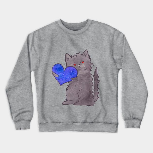 Black cute cat (Kuroo) with Heart Crewneck Sweatshirt by moonstarsandflowers